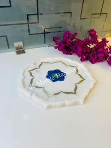 Plateau de service rond en marbre blanc poli à motif floral, fait main, pour la décoration de la maison et les fruits secs - Product Image 2