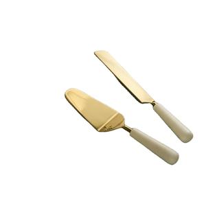 Ensemble de couteau et spatule à gâteau en or de luxe avec manche blanc lisse, outils élégants pour couper et servir des desserts, pour boulangerie, table de mariage - Product Image 1