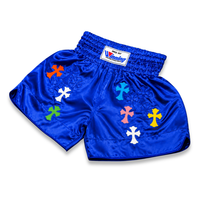 Özel Tasarım Saten Muay Thai MMA Dövüş Şortları İşlemeli Lüks Spor Giyim Polyester/Naylon Kumaştan Üretilmiş Premium Çapraz Yamalı Boks Şortları