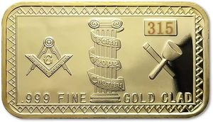 Pièce de monnaie maçonnique rectangulaire plaquée or .999 Fine avec motif des Piliers Foi Espoir Amitié, objet de collection artistique - Product Image 5