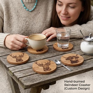 Hand-Burned Wooden Reindeer Coaster <b>Set</b> <b>Square</b> Rustic Design Handmade Mats & Pads 10cm Diameter Beads Art - Product Image 4