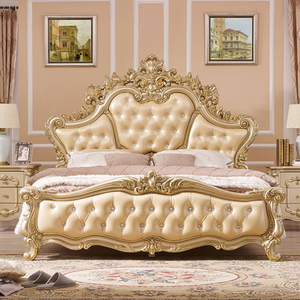 Lit King Size Capitonnée Or Royal Premium, Style Baroque Européen, Ensemble de Chambre de Luxe, Meubles de Maison en Bois d'Acajou, Lit Principal - Product Image 1