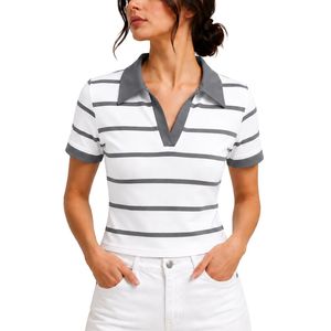 Polo rayé blanc et gris pour femme, manches courtes, col rabattu, coupe ajustée, haut décontracté d'été, fournisseur en gros personnalisé - Product Image 1