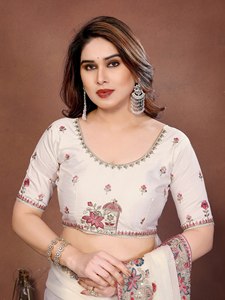 Embroidered Organza Women's Heavy Thread Work Border <b>Saree</b> <b>Blouse</b> Indian Wedding Party Wear Ethnic Winter Summer Stretchable - Product Image 3