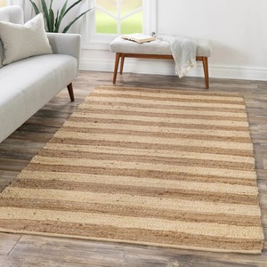 Modern Striped <b>Jute</b> <b>Rug</b> Rectangle Low Pile Flat Weave Eco Friendly Living Room Carpet Natural Beige Brown Tones - Product Image 2
