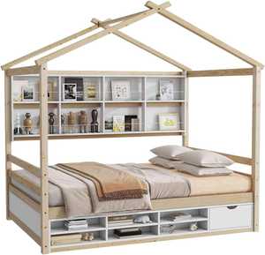 Lit superposé traditionnel en bois massif durable avec 6 étagères et toit intégré, écologique et naturel, pour chambre à coucher et salon - Product Image 1