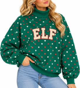 Sudadera de Cuello Alto para Mujer de Alta Calidad, Color Crema, con Estampado de Duende Verde y Apliques de Puntos Verdes, Corte Holgado - Product Image 1