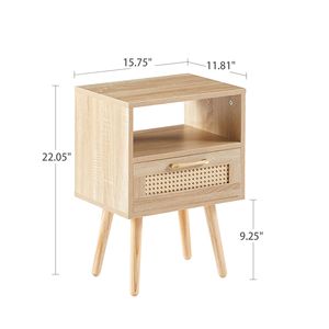 Tavolino Moderno in Rattan da 40 cm con Cassetto e Gambe in Legno Massello, Comodino e Tavolino Laterale Naturale per Camera da Letto o Soggiorno - Product Image 3