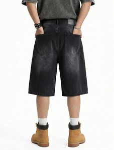 Shorts Bermuda en jean délavé noir pour homme, taille mi-haute, décontracté, en coton, style streetwear, été, coupe droite, tricoté, avec braguette boutonnée, couleur unie - Product Image 3