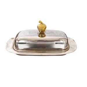 Beurrier classique en métal plaqué argent avec couvercle et poignée décorative dorée, rectangulaire, en acier inoxydable, pour hôtel - Product Image 5