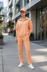 Conjunto Deportivo Casual Color Durazno para Mujer, Top de Manga Larga con Cuello Camisero, Pantalones Largos, Color Sólido, Conjunto de 2 Piezas - Product Image 5