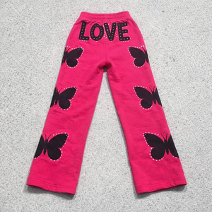 Pink Butterfly Print Sweatpants Women Wide Leg Joggers Rhinestone Graphic Streetwear Y2K Fashion Casual Loose Fit Trousers - Product Image 6