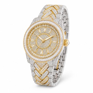 Luxury Women's Diamond Watch Round Case Quartz Stainless Steel Bracelet Yellow Gold Band Analog Dial - Product Image 3
