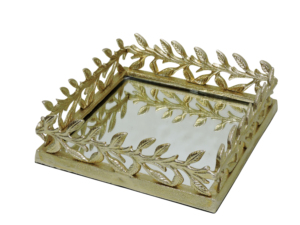 Plateau miroir décoratif classique avec bordure en feuille d'or, ornement en métal fait main pour la décoration de mariage - Product Image 3