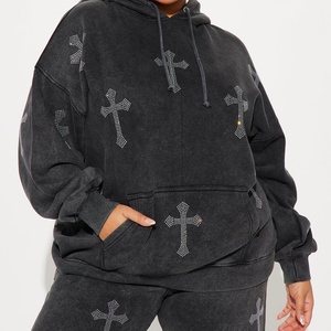 Conjunto de Sudadera Oversize con Efecto Ácido y Pantalones Anchos para Mujer, con Estampado de Cruz de Pedrería, Chándal de 2 Piezas - Product Image 6
