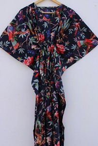 Robe Kaftan en Coton Imprimé Oiseaux Col en V Manches 3/4 Fermeture en Dentelle Longueur Totale Tenue Décontractée d'Été pour Femme Séchage Rapide Écologique - Product Image 4