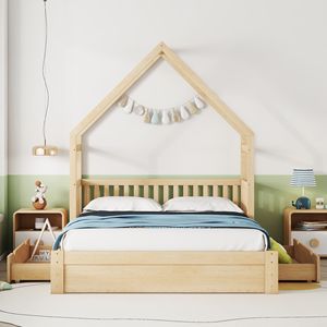 Letto a piattaforma matrimoniale in legno naturale con sponda di sicurezza e 2 cassetti per la cameretta dei bambini - Product Image 3