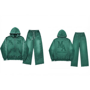 Ensemble de survêtement Mudassar vert délavé à l'acide avec perles, en coton et polyester, comprenant un sweat à capuche et un pantalon de jogging, coupe ample, 380 g/m², décontracté, avec logo imprimé par transfert thermique - Product Image 3