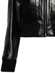 Embossed Croco <b>Leather</b> Bomber Jacket Women's <b>Short</b> Zipper Closure Turn-down Collar Full Sleeve Solid Black - Product Image 2