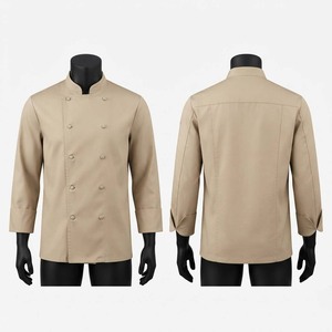 เสื้อเชฟพรีเมียม 220 GSM ผ้าโพลีคอตตอนทวิลล์ ทรงยูนิเซ็กซ์ สีเบจ กระดุมสองแถว แถบผ้าด้านหลัง แขนสั้น แบบยูนิฟอร์ม พิมพ์ลายซิลค์สกรีน - Product Image 1