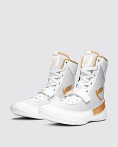 Fabrication sur mesure de chaussures de boxe Fly, 100% cuir véritable de qualité supérieure, blanches et dorées, légères, pour la boxe. - Product Image 1