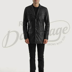 พรีเมี่ยม เสื้อแจ็คเก็ตหนังสีดำสำหรับผู้ชาย ทรงสลิมฟิต หนังแกะแท้ มีกระเป๋าหลายช่อง เสื้อโค้ทลำลองสำหรับธุรกิจ เสื้อคลุมด้านนอกสุดหรู - Product Image 4