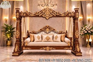 Columpio de Interior de Lujo con Estilo Indo-Occidental, Tallado a Mano, Clásico, Blanco y Dorado, de Madera de Teca, con Pilares Ornamentados, Reino Unido - Product Image 2