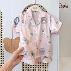 SeunKids Ensemble pyjama en soie latine à manches courtes pour garçons et filles avec short, vêtements de maison doux et respirants - Product Image 2