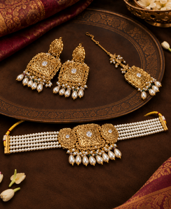 Traditional Indian Copper <b>Jewelry</b> <b>Set</b> Square Choker <b>Pearl</b> Bead Necklace With Dangle Earrings & Mang Tika Gold Plated <b>Jewelry</b> <b>Set</b> - Product Image 3