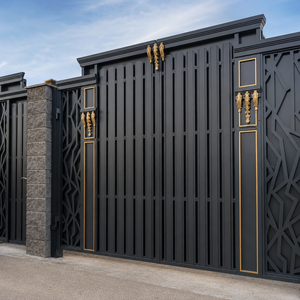 Modern Black Metal <b>Sliding</b> Gate Gold Accent Vertical Slat Geometric Security Entrance Gate for Villa Home Luxury Design - Product Image 2