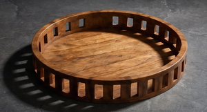 Plateau de service rond en bois de manguier finition naturelle, plateau décoratif en bois avec clôture murale à lattes ouvertes - Product Image 5