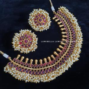 <b>Ruby</b> and Pearl Studded Bridal <b>Necklace</b> Set with Zircon Earrings - Product Image 3