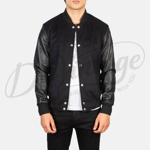 Chaqueta Varsity Negra de Lana para Hombre, Mangas de Cuero Genuino, Cierre de Botones a Presión, Puños Acanalados, Chaqueta Casual Premium de Dos Tonos - Product Image 5