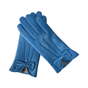 Blue Leather Wrist <b>Gloves</b> With Bow Sweet Style Unlined Winter Casual Daily Use - Product Image 3
