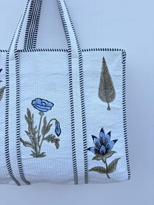 Women <b>White</b> Cotton Tote <b>Bag</b> With Blue Floral Print Bohemian Style Summer Casual Zipper Shopping Travel Handbag for Women - Product Image 4