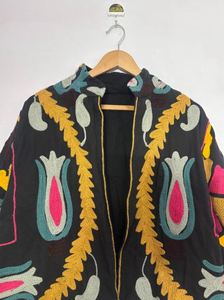 Black Floral Embroidery Velvet Kimono <b>Cardigan</b> Long Sleeve Loose Fit Mandarin Collar Autumn Casual Beautiful Elegant Vintage - Product Image 3