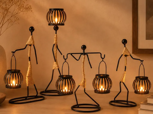 Nordic Ethnic Style Black Iron Human Statue Candle Stand – Vintage Jute Rope Wrapped African Figurine <b>Tealight</b> <b>Lantern</b> Holder - Product Image 2