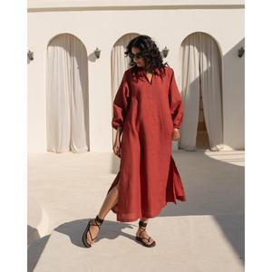 Women Cotton Linen <b>Boho</b> Maxi <b>Dress</b> Red Long Sleeve Loose Fit Ethnic Style Vacation Midi <b>Dress</b> - Product Image 4