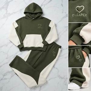 Ensemble de survêtement décontracté pour femme, vert olive et blanc, avec sweat à capuche oversize et pantalon de jogging à jambes larges, tenue deux pièces - Product Image 4