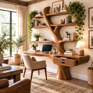 Escritorio de Madera Contemporáneo de Pared DS08 Luxali Hecho a Mano con Estanterías en Forma de Árbol y Cajón para Oficina en Casa - Product Image 6