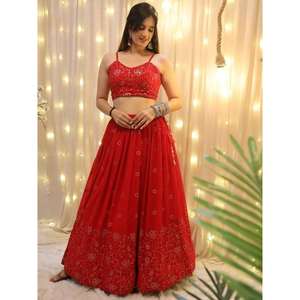 Glamorous <b>Red</b> <b>Sequins</b> Georgette Wedding Wear Semi Stitched Lehenga Choli by Zeel Clothing - Product Image 4