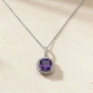 Wholesale 9K White Gold 0.215CT Round Diamond <b>Cushion</b> <b>Purple</b> Gemstone Halo Pendant Necklace for Women Fine Jewelry OEM - Product Image 3