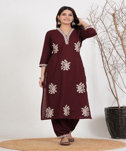 Women Traditional Silk Salwar Kameez Dupatta Maroon Casual Party Wear India Pakistan Style <b>Ankle</b>-Length Regular Fit 85279 MORNI- - Product Image 2
