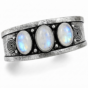 <b>Crystal</b> Dawn Natural Rainbow Moonstone Trio Gem Wide Bezel Set Cuff Bangle Handcrafted Brass Silver/Gold Plated Artisan Classic - Product Image 1