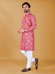Elegant Ethnic Kurta Pajama Set for Men with Schifli Embroidery and Contemporary Printed Pattern - Product Image 4