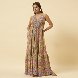 Vestido Largo Maxi con Estampado Paisley Rosa y Amarillo para Mujer, Cuello Halter, Estilo Bohemio, Sin Mangas, para Playa o Resort de Verano - Product Image 3