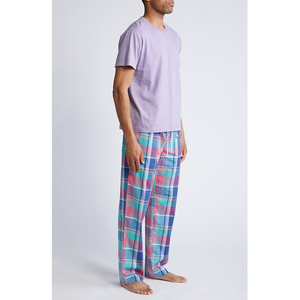 Ensemble pyjama à carreaux pour hommes, t-shirt à manches courtes et pantalon long, vêtements de nuit en coton tricoté, vêtements de maison décontractés d'été - Product Image 2