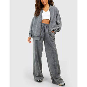 Survêtement vintage personnalisé pour femme avec fermeture éclair, veste en molleton 100 % coton et pantalon de survêtement à jambes larges, marque privée OEM - Product Image 1