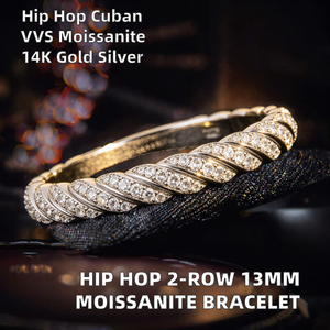Pulsera de Dos Filas de Eslabones Cubanos de 13 mm, Chapada en Oro, para Hombre, Plata de Ley 925, con Incrustaciones de Moissanita, Estilo Hip Hop, Regalo de Boda - Product Image 3