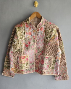 Floral Quilted <b>Jacket</b> Women's <b>Mandarin</b> <b>Collar</b> Full Sleeve Cotton Patch Pocket Autumn Style XL gift for her - Product Image 1